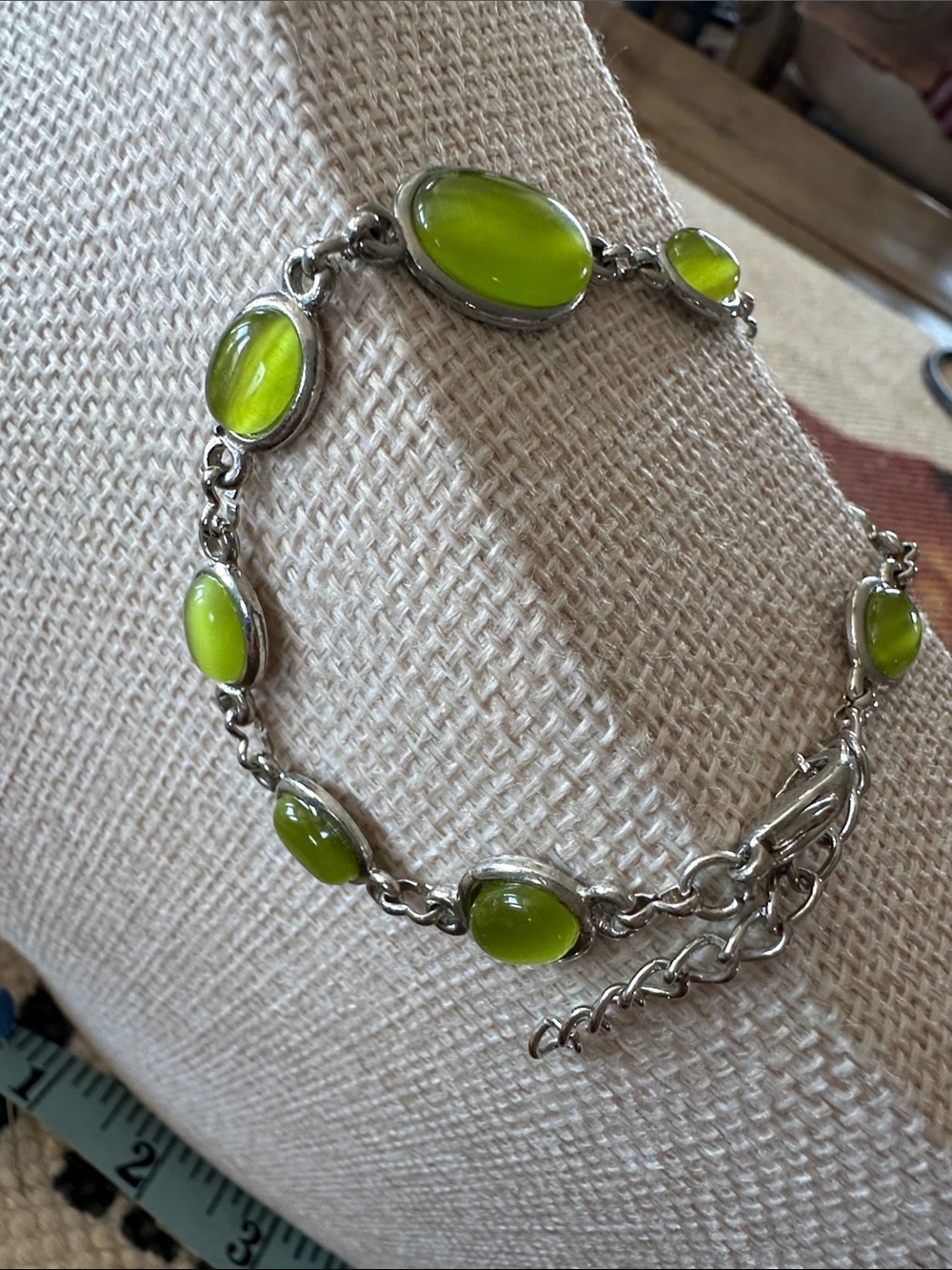 Silver Tone Bracelet with Lime Green Cats Eye Cabochons
